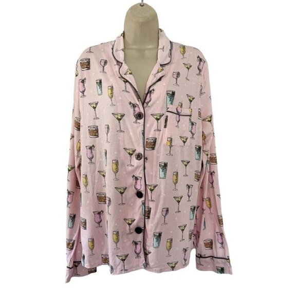 PJ SALVAGE Woman's Sz L Drink Happy Thoughts Pink Pajama Top - Picture 1 of 7